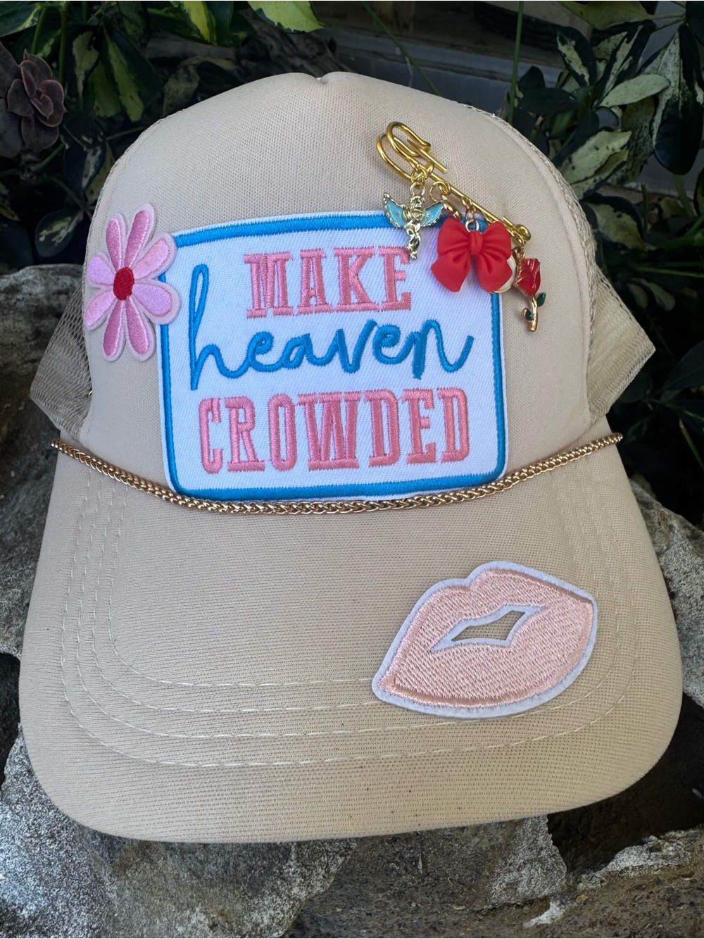 Beige Embroidered 'Make Heaven Crowded' Patch Cap with Floral & Lip Accents